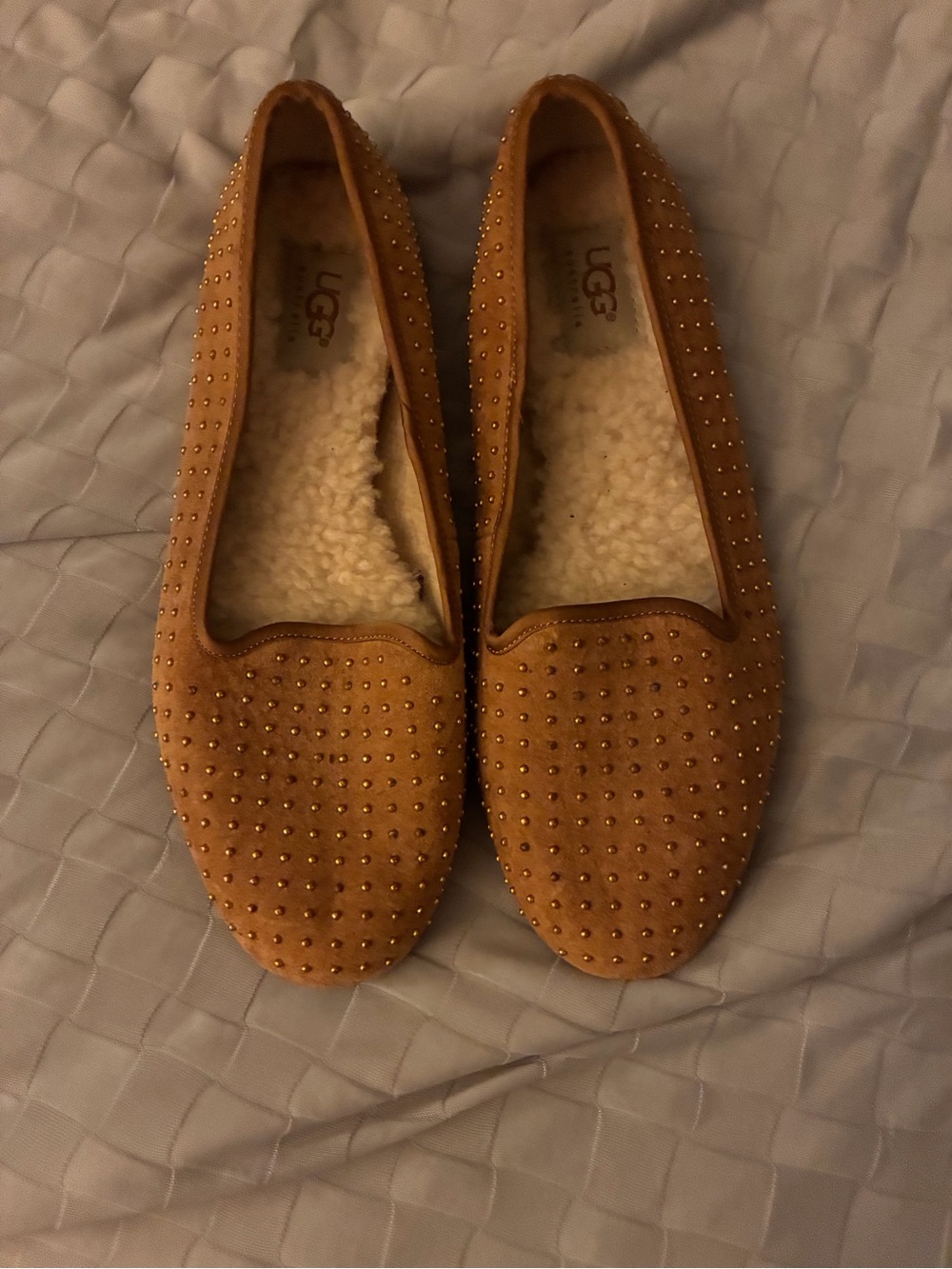UGG Tan Studded Suede Shearling Flats